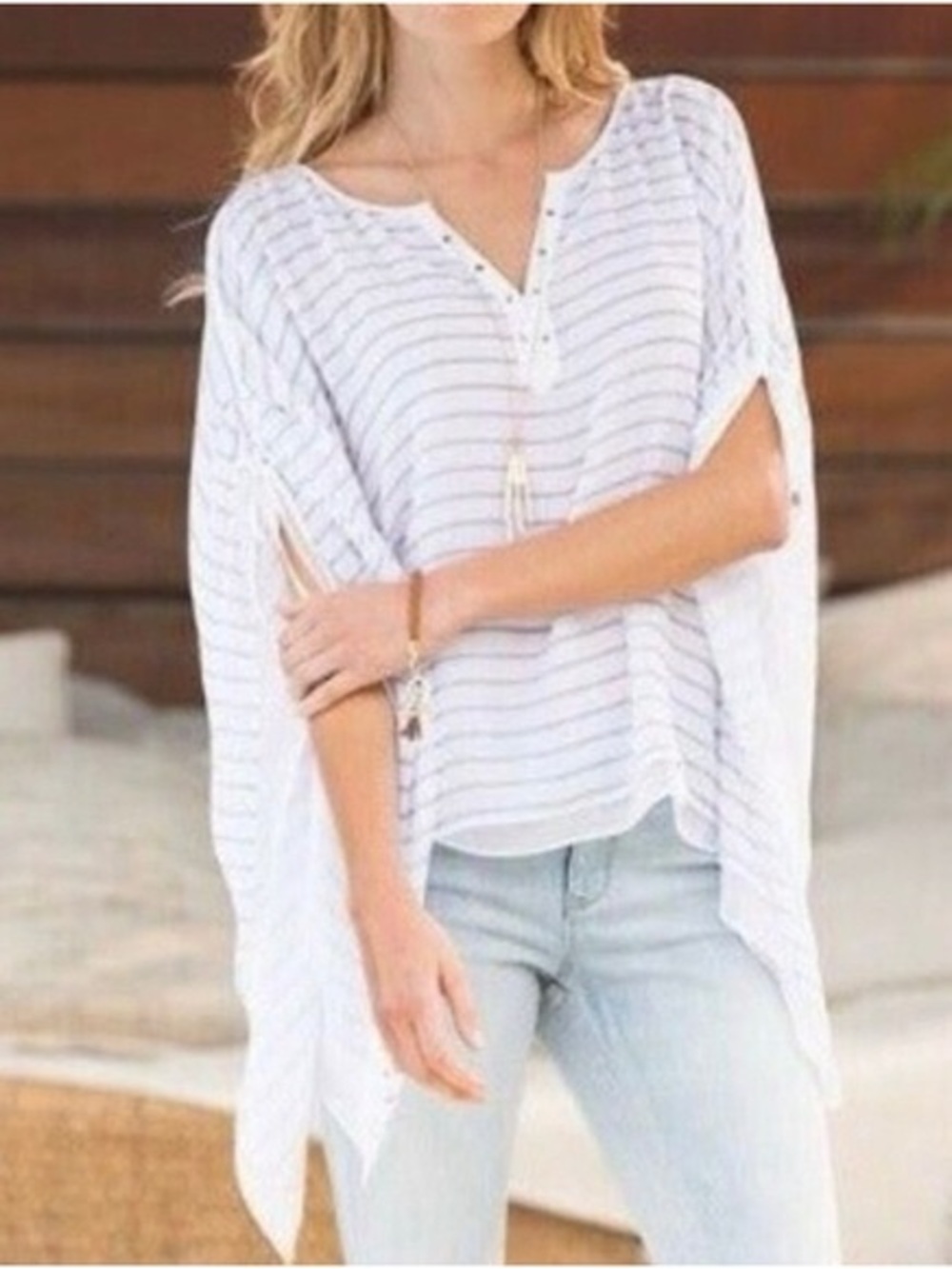 White House Black Market S Striped Kimono Shawl Blouse White Blue Top